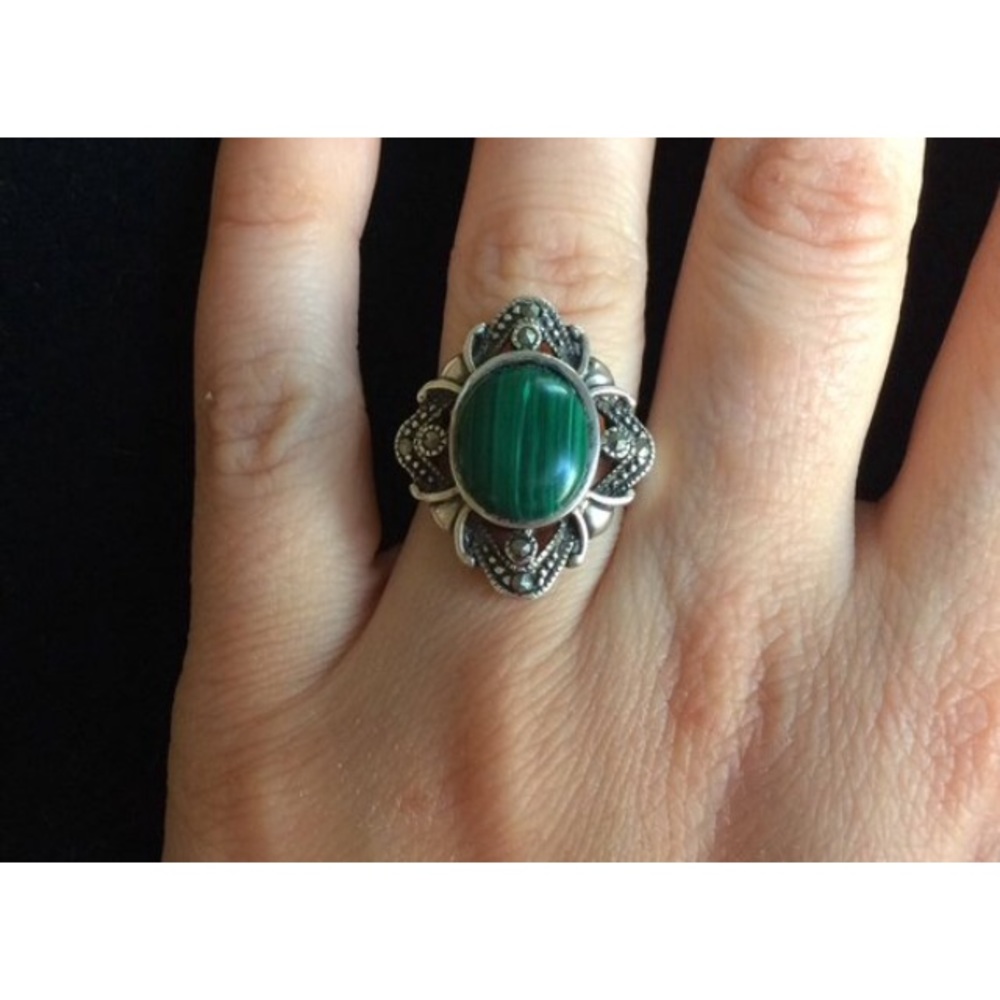 5 3/4 Malachite And Marcasite Vintage Silver Ring